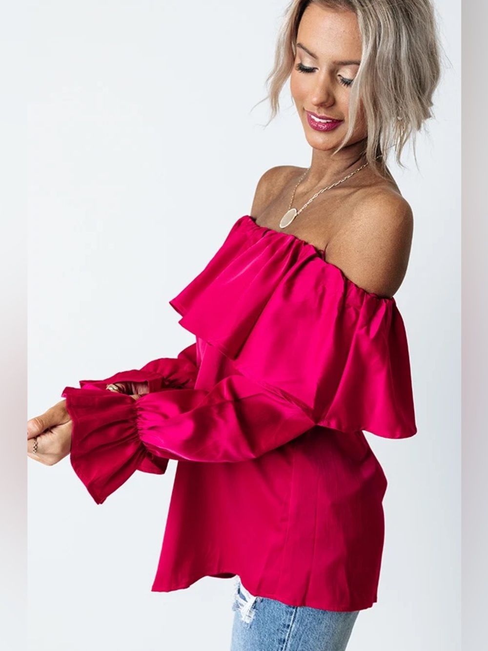 NWT Impressions Boutique Serving Up Sass Satin Off Shoulder Ruffle Top S